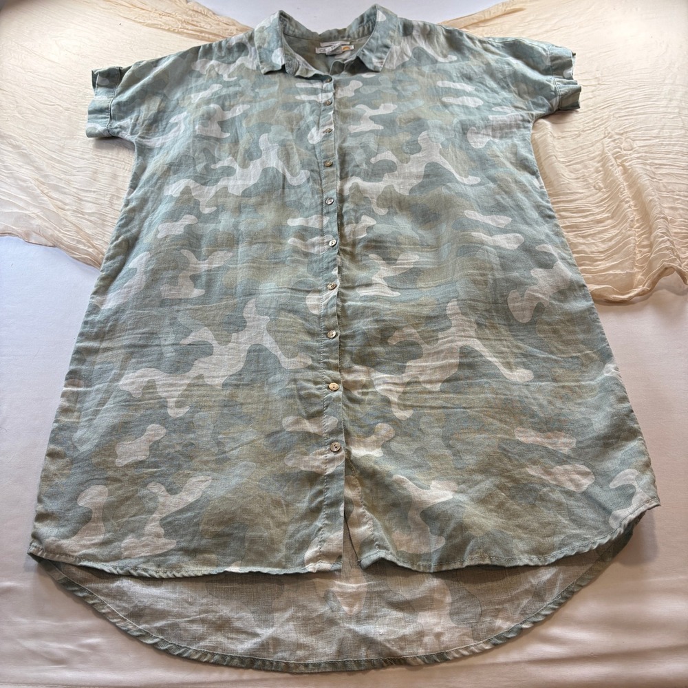 Surf Style Women's 100% Linen Green Camo Short Sleeve Shirt Dress Size L